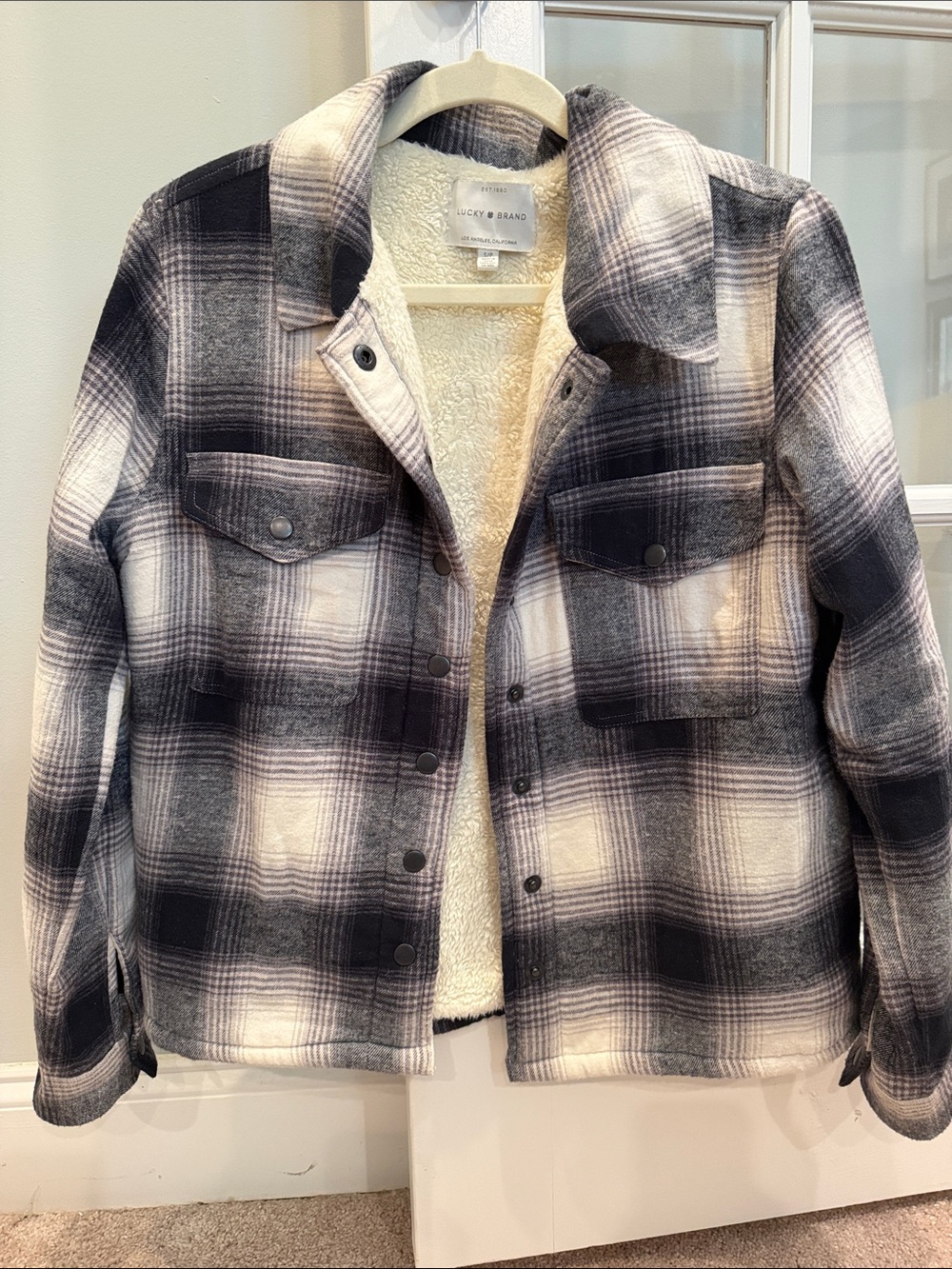 Lucky Brand Black & White Plaid Sherpa-Lined Utility Jacket
